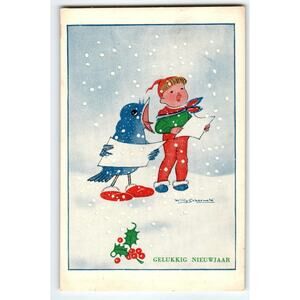 Fantasy Postcard Fairy Boy Singing Blue Bird Snow Willy Schermele Dutch Artist